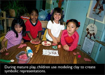 During mature play, children use modeling clay to create symbolic representations.